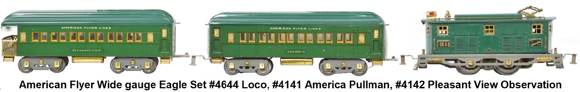 American Flyer Wide gauge #1472 Eagle Passenger Set with #4644 New Haven style electric outline loco, 14 inch #4141 America Pullman and #4142 Pleasant View Observation cars in 2-tone green circa 1930