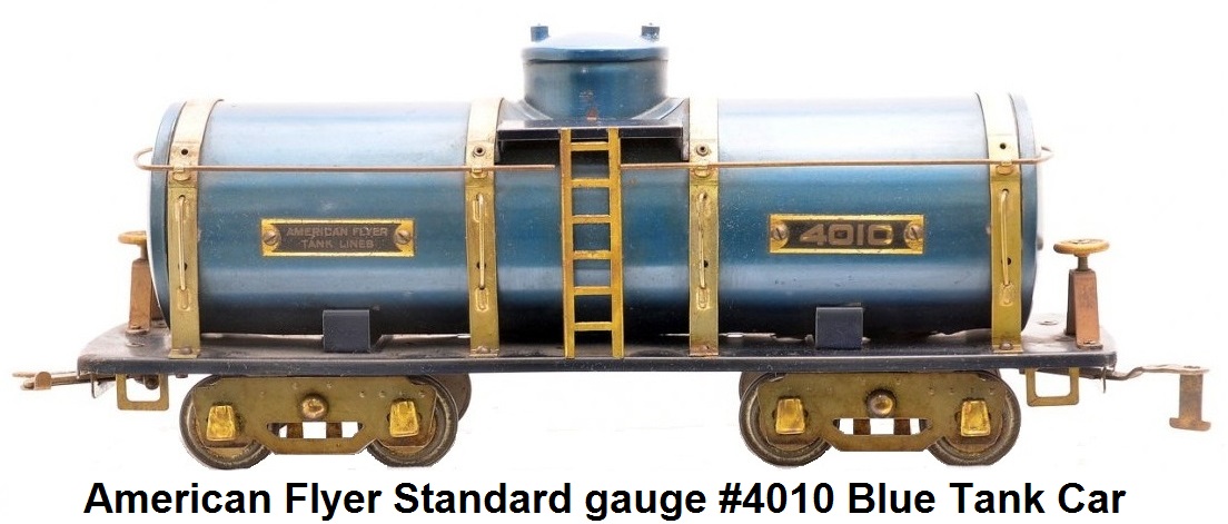 American Flyer Standard gauge #4010 Blue Tank Car with gray flex trucks