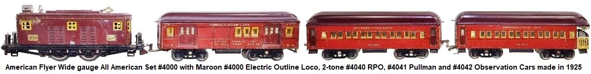 American Flyer Wide gauge #4000 Passenger Set with #4000 New Haven style electric outline loco, 2-tone #4040 RPO car, #4041 Pullman and #4042 Observation circa 1925