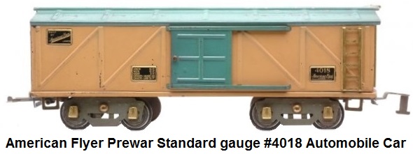American Flyer Prewar Standard gauge #4018 automobile car with rookie tan sides, turquoise door and roof