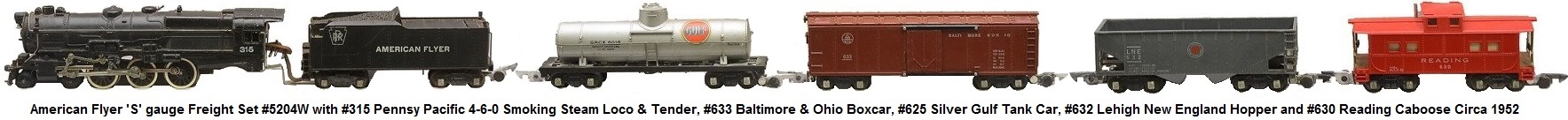 American Flyer 'S' gauge freight set #5204W circa 1952 with #315 Pennsy Pacific loco with smoke and choo-choo sounds, tender #633 Baltimore & Ohio boxcar #625 silver Gulf tank #632 Lehigh New England hopper and #630 Reading caboose