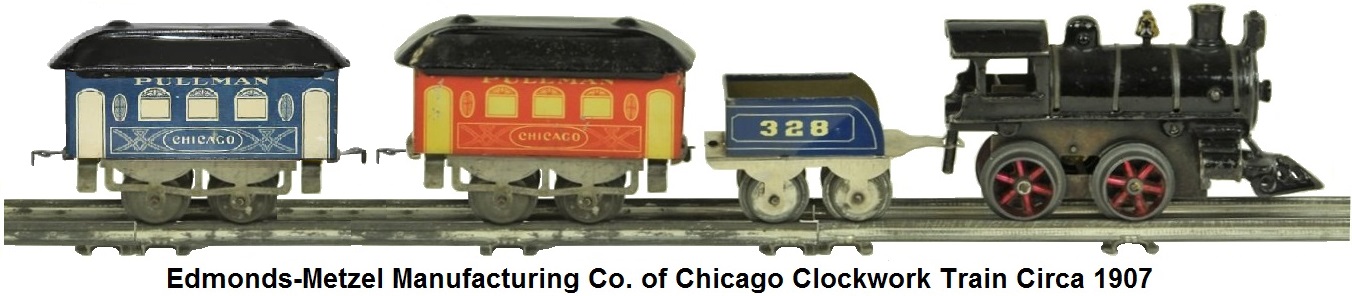 Edmonds-Metzel Manufacturing Co. of Chicago #1 clockwork 0-4-0 loco, #328 tender and tinplate litho Chicago passenger car circa 1907