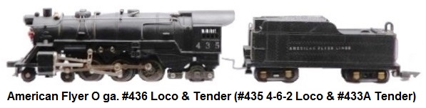 American Flyer O gauge #436 locomotive and tender combination containing #435 black die-cast 4-6-2 Pacific locomotive with #433A die-cast tender