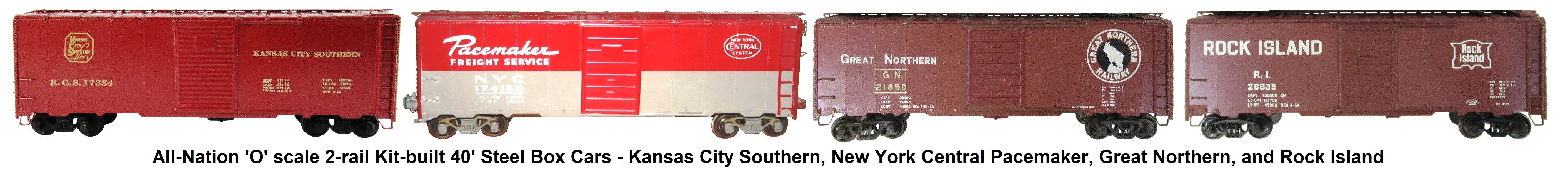All-Nation 'O' scale 2-rail Kit-built 40' Steel Box Cars - Kansas City Southern, New York Central Pacemaker, Great Northern, and Rock Island