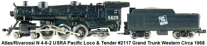 Atlas/Rivarossi N gauge 4-6-2 USRA Pacific Loco & tender #2117 Grand Trunk Western circa 1968