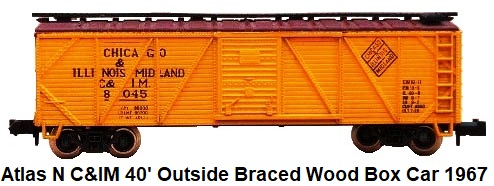 Atlas N #2365 1st generation 40' outside braced Single Sheathed wood box car, lettered for Chicago and Illinois Midland, C&IM RN #8045 circa 1967 by Rivarossi
