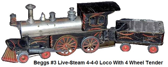 Beggs #3 Live-Steam Loco in a 4-4-0 wheel arrangement with 4 wheel tender in 1 gauge