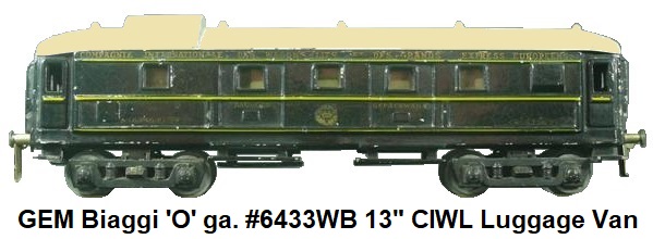Biaggi 'O' gauge #6433WB 13 inch CIWL baggage car