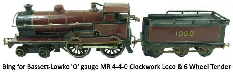 Bing For Bassett-Lowke 'O' gauge MR 4-4-0 Loco & Tender RN 1000 clockwork circa 1923