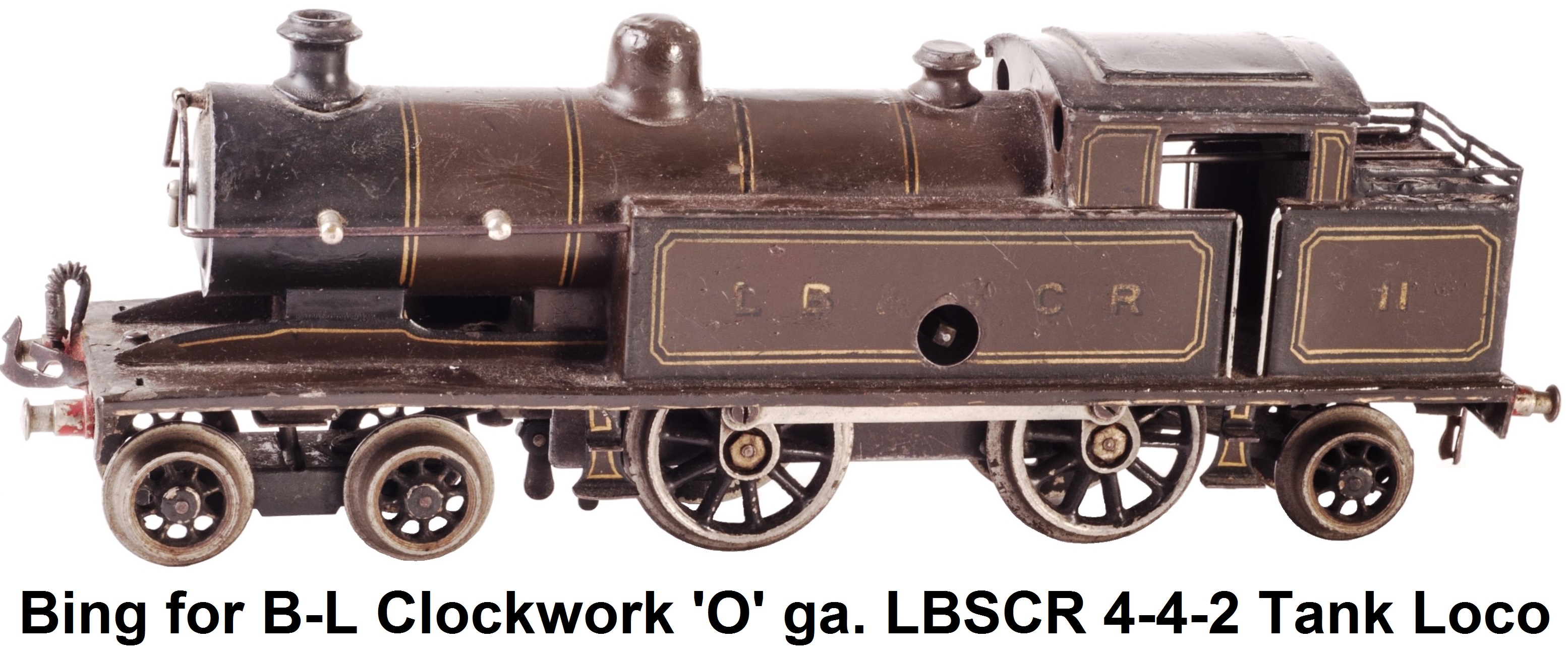 Bing for Bassett-Lowke Clockwork 'O' gauge London, Brighton and South Coast Railway 4-4-2 I-3 class Tank locomotive, in original D. E. Marsh’s Umber livery as LBSCR #11 circa 1915
