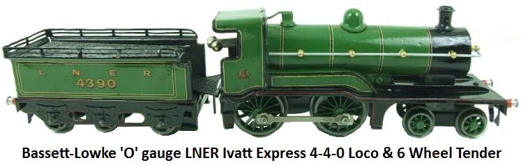Bassett-Lowke 'O' gauge, LNER, Ivatt Express, 4-4-0 Loco & Six-Wheeled Tender, RN 4390, Clockwork 1927-30