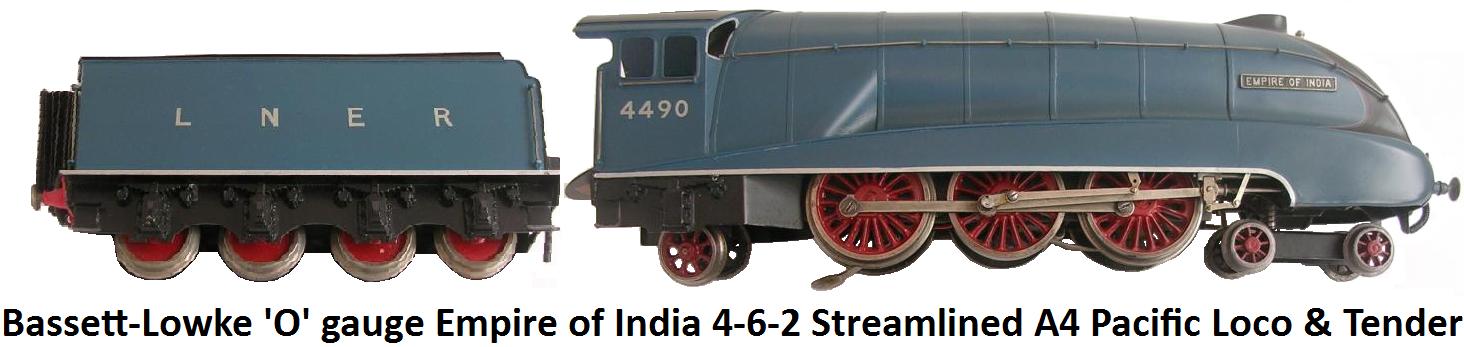 Bassett-Lowke 'O' gauge Empire of India Electric 4-6-2 Streamlined A4 Pacific Locomotive and Tender in LNER Blue 	livery