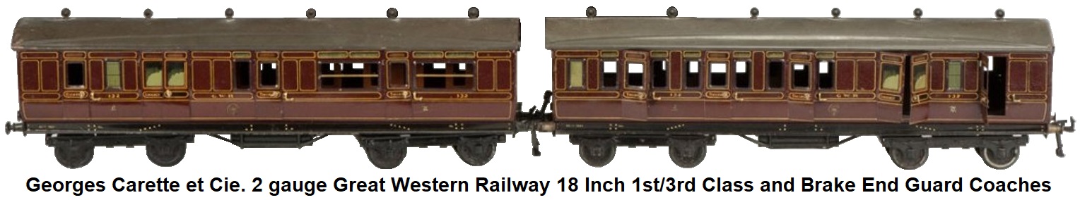 Carette 2 gauge Great Western Railway 1st/3rd Class and Brake End Guard Coaches #132 Ht. 5 1/2 inches L 19 inches