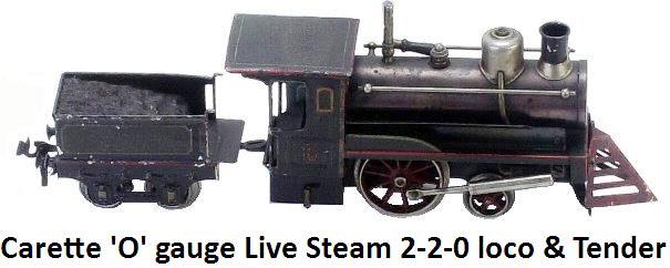 Carette 'O' gauge Live Steam 2-2-0 Engine & Tender-an early hand enameled tin American outline engine