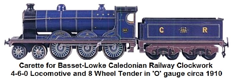 Carette for Basset-Lowke Caledonian Railway Clockwork loco and tender in 'O' gauge circa 1910