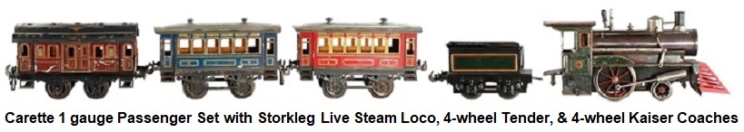 Carette 1 gauge Passenger Set with Storkleg Live Steam Loco, 4-wheel Tender, and Tin-plate Hand enamelled 4-wheel Kaiser Coaches