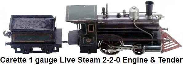 Carette 1 gauge Live Steam 2-2-0 Engine & Tender-hand enameled tin, American outline
