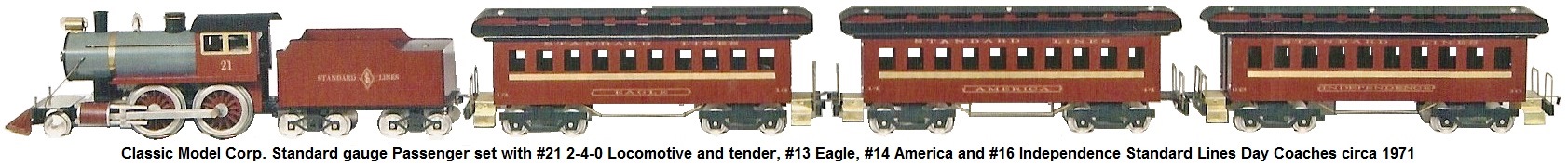 Classic Model Corp. Standard gauge #21 2-4-0 locomotive and tender with #13 Eagle, #14 America and #16 Independence Standard Lines Day coaches circa 1971