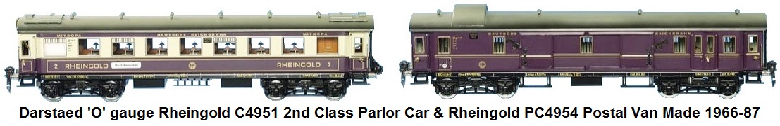 Marcel R. Darphin 'O' gauge Darstaed Rheingold Parlor Car 2nd Class, C4951 and Rheingold Postal Van PC4954 circa 1966-87
