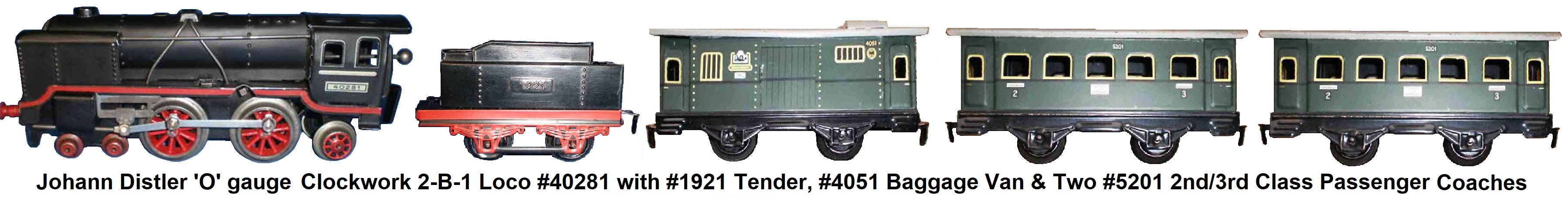 Johann Distler 'O' gauge tinplate lithographed passenger set with 4-4-2 clockwork loco #40281, tender #1921, #4051 baggage van, and 2 #5201 2nd/3rd class passenger wagons