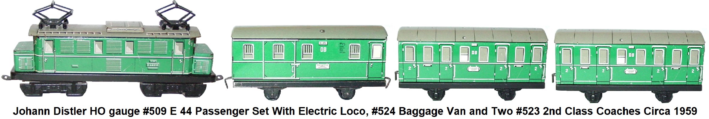 Johann Distler Nuremberg, HO gauge tinplate lithographed #509 Set with E 44 electric loco, #524 baggage van, 2 #523 2nd class passenger coaches circa 1959