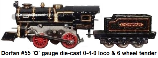 Dorfan 'O' gauge #55 0-4-0 cast steam outline electric engine & 6 wheel tender. 1930 version in black with brass trim and red wheels