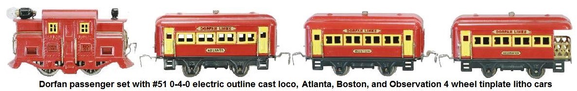 Dorfan Red Flash Passenger set with #51 0-4-0 electric outline cast loco, Atlanta, Boston and Observation 4 wheel tinplate litho cars circa 1930
