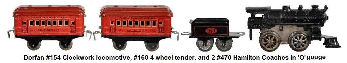 Dorfan  #154 style clockwork loco with #160 tender and 2 #470 Hamilton Coaches in 'O' gauge