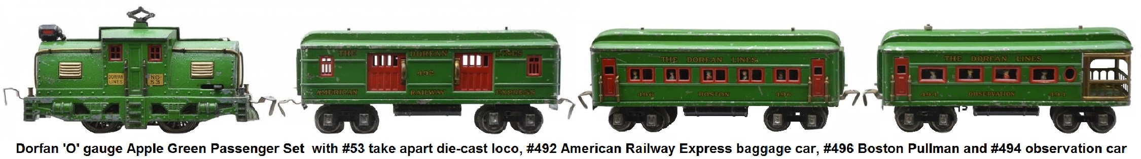 Dorfan 'O' gauge Apple Green #275 Manhattan limited Passenger Set with #53 take apart die-cast locomotive, #492 baggage, #496 Boston Pullman and #494 observation circa 1929