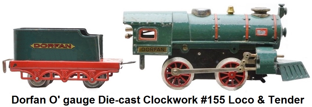 Dorfan 'O' gauge #155 0-4-0 die-cast blue-green steam outline clockwork engine & 4 wheel tender