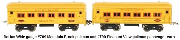 Dorfan Wide gauge lithographed passenger coaches #789 Mountain Brook pullman and #790 Pleasant View pullman