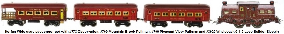 Dorfan Wide gauge passenger set with #773 observation, #789 Mountain Brook, #790 Pleasant View and #3920 Loco-Builder 0-4-0 electric outline