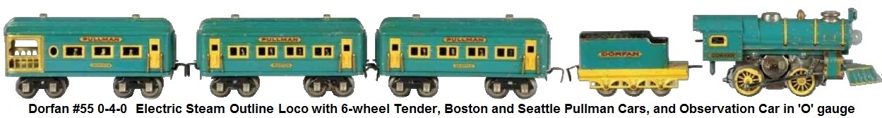 Dorfan #55 0-4-0 Locomotive, 1927 version with yellow painted trim, wheel spokes and two nickel domes and a blue 6-wheel Tender with yellow frame and Boston and Seattle coaches, Observation car in 'O' gauge