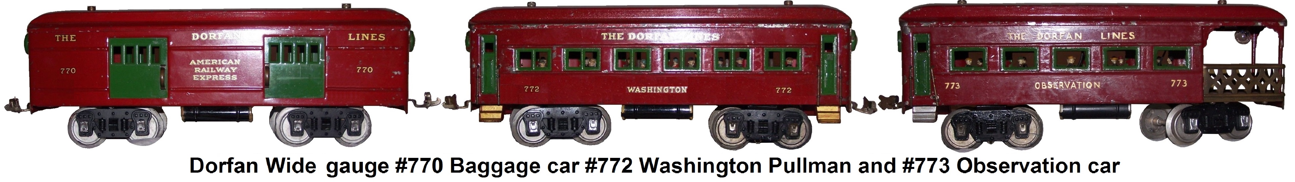 Dorfan Red Wide gauge #770 Baggage car #772 Washington Pullman and #773 Observation car