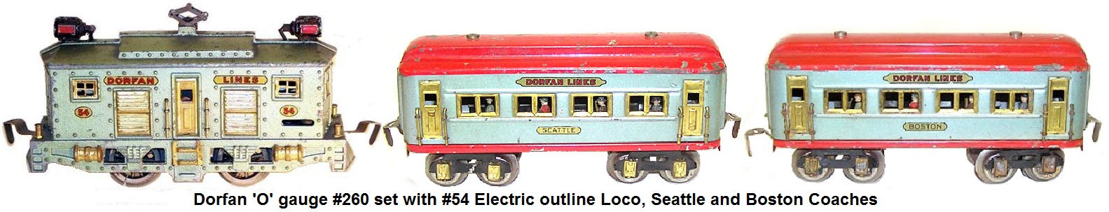 Dorfan #260 Passenger set with #54 0-4-0 electric outline cast loco, Seattle and Boston 8 wheel tinplate litho cars with passenger silohuettes