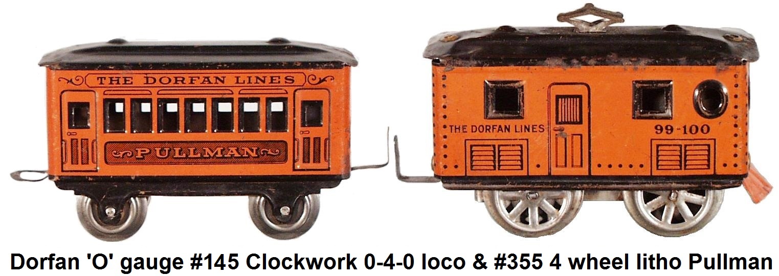 Dorfan 'O' gauge outfit #99 from 1925 with #145 clockwork loco & #355 4 wheel lithographed Pullman