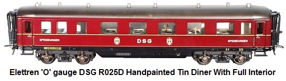 Elettren DSG (German Federal Railway) 'O' gauge handpainted tin R025D diner with full interior and diaphragms, 17 inches long