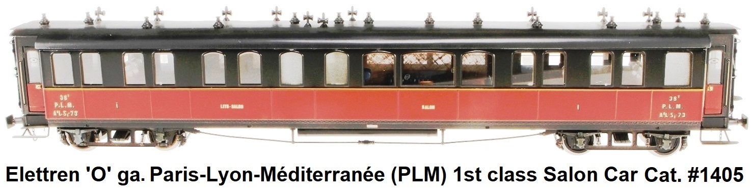 Elettren 'O' gauge Tinplate PLM 1st class salon car in black & red with interior fittings and lighting catalog #1405