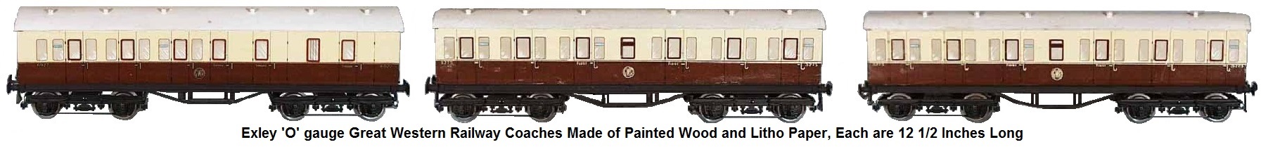 Exley Great Western Railway Coaches 'O' gauge, painted wood & litho paper, each are 12 1/2 inches long