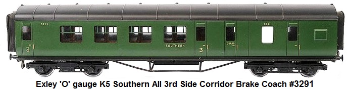Exley 'O' gauge K5 Southern all 3rd Side Corridor Brake Coach #3291