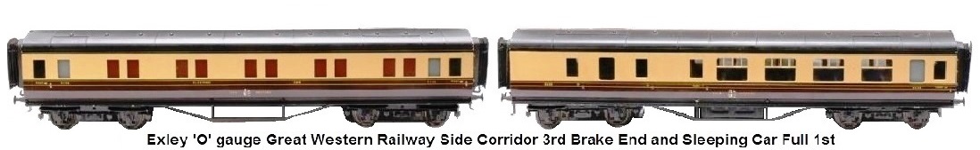 Exley 'O' gauge Great Western Railway side corridor 3rd brake end and sleeping car full 1st