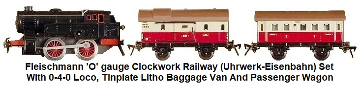 Fleischmann 'O' gauge clockwork railway (Uhrwerk-Eisenbahn) set with E 320 Tank Locomotive, tinplate lithographed baggage van and passenger wagon