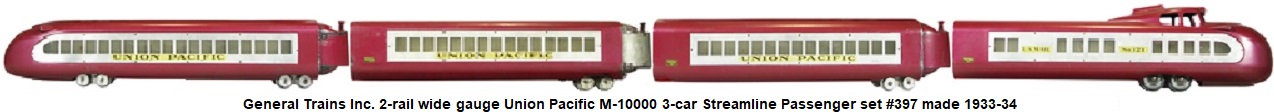 General Trains 2-rail Standard gauge UP M-10000 streamlined passenger train Set in magenta & silver made 1933-34