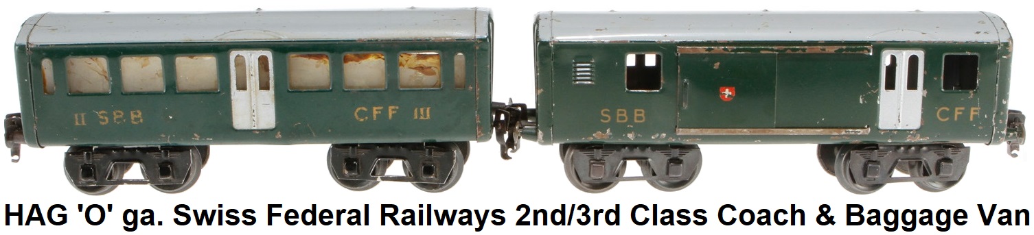 HAG 'O' gauge SBB CFF Swiss Passenger train cars - 2nd/3rd class passenger coach and luggage van