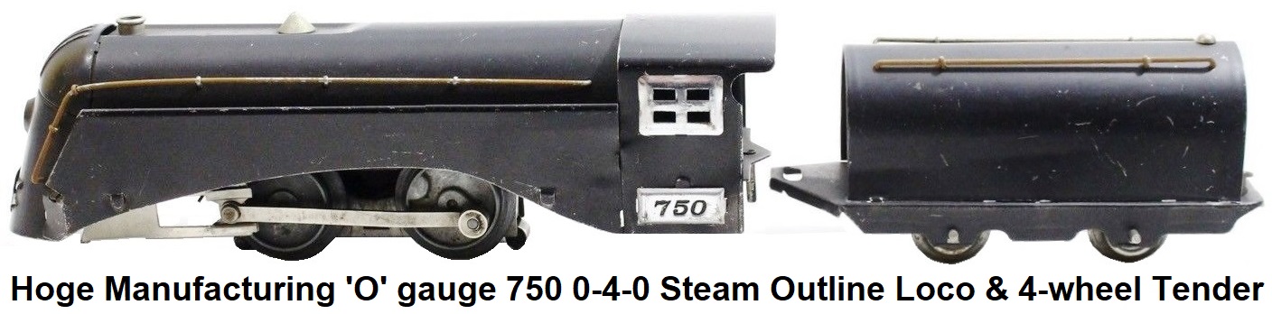 Hoge Manufacturing 'O' gauge #750 0-4-0 Steam Outline Locomotive and 4-wheel tender circa 1935