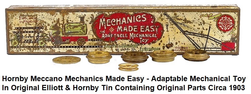 Hornby Meccano Mechanics Made Easy - Adaptable Mechanical Toys in original Elliott & Hornby tin containing original parts circa 1903