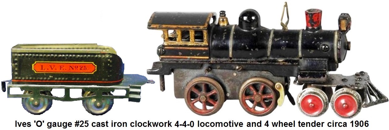 Ives #25 cast iron 'O' gauge clockwork locomotive and tender circa 1906
