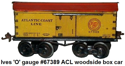 Ives 'O' gauge #67389 Atlantic coast Line Eight Wheeled Wood Sided Boxcar with Sliding Doors circa 1915