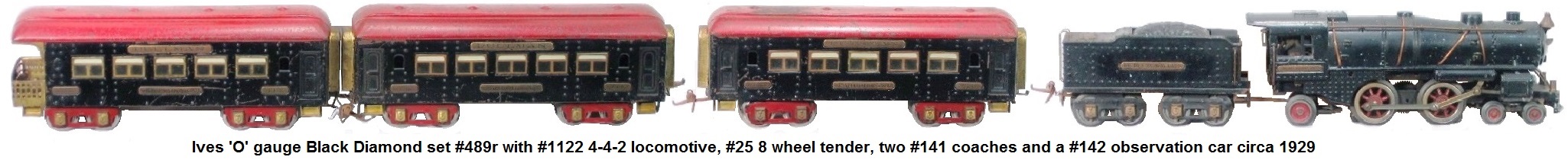 Ives 'O' gauge Black Diamond set #489r with #1122 4-4-2 steam outline locomotive, #25 tender, two #141 coaches and a #142 observation car circa 1929