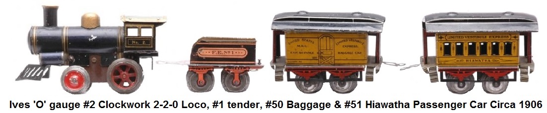 Ives prewar 'O' gauge clockwork steam passenger set, circa 1906 including #2 clockwork 2-2-0 steam loco #1 tender, #50 baggage and #51 Hiawatha passenger car